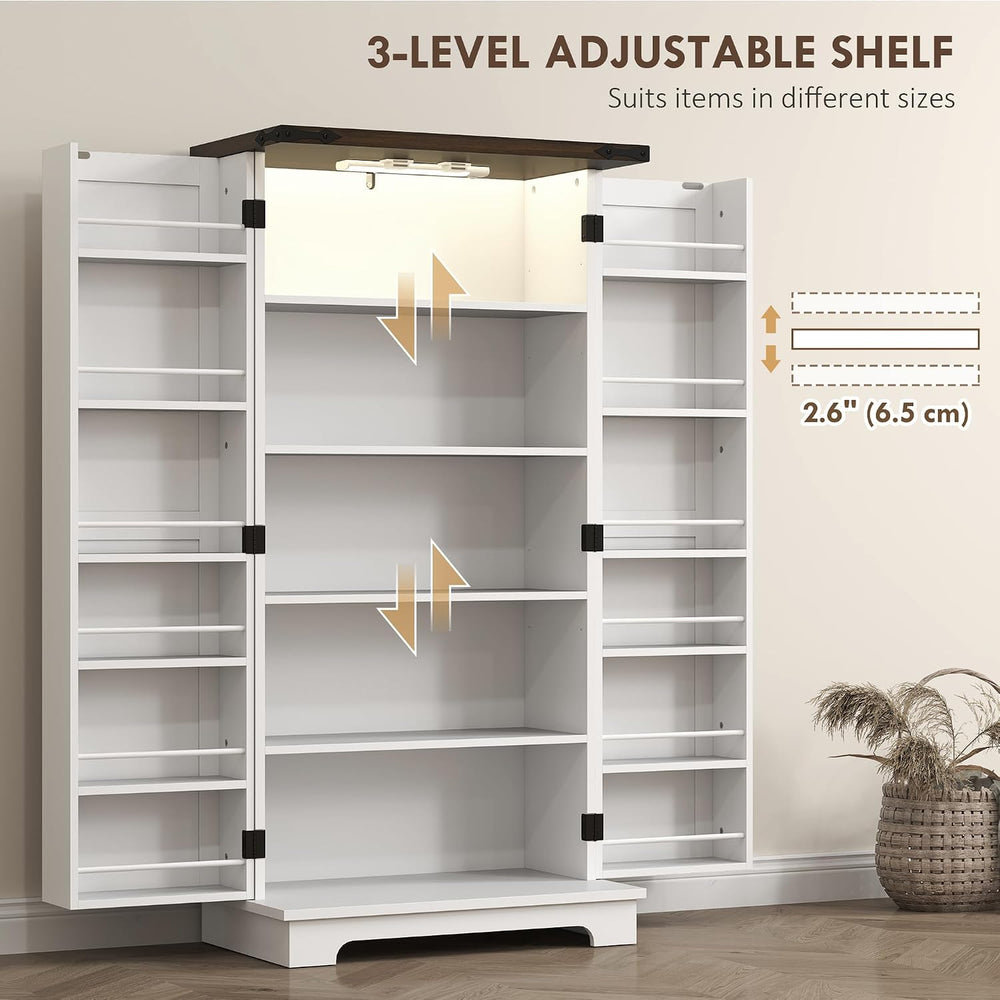 HOMCOM 47" LED Kitchen Pantry Cabinet with Barn Door 5 Deep Shelves Whit...