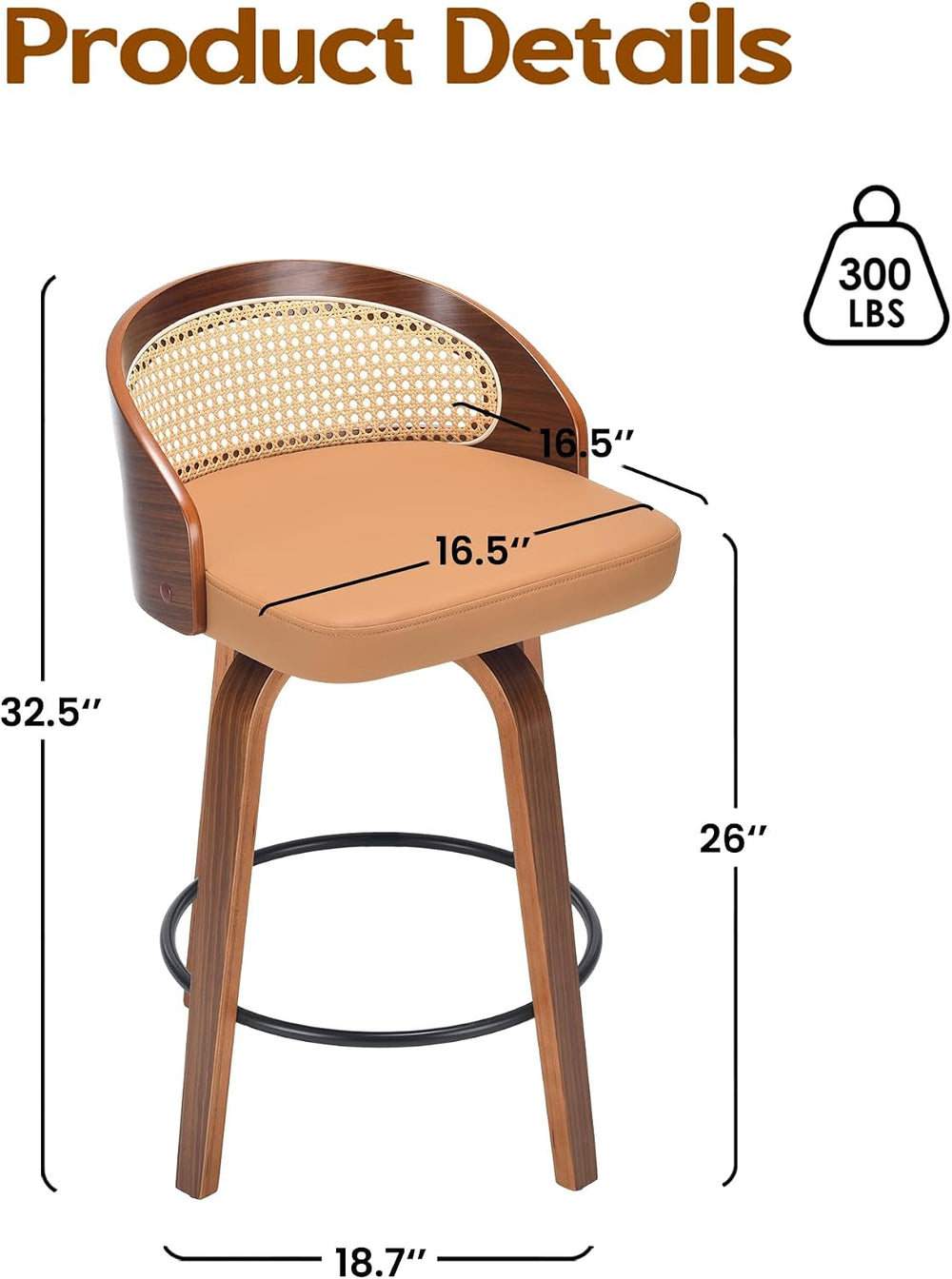 Yellow Bar Stools Set of 2 32.3" H 360° Swivel Rattan Back