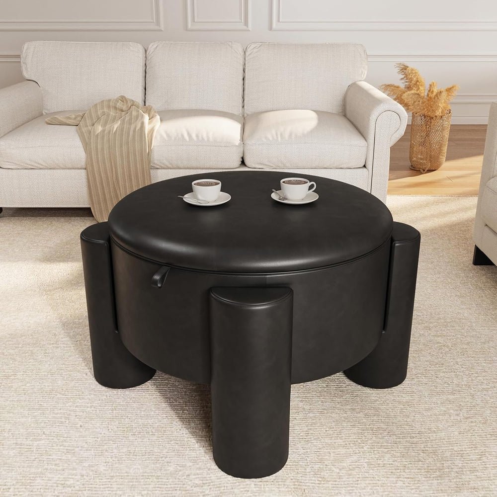 FiveWillowise Round Ottoman Coffee Table with Storage,24" Faux Leather S...