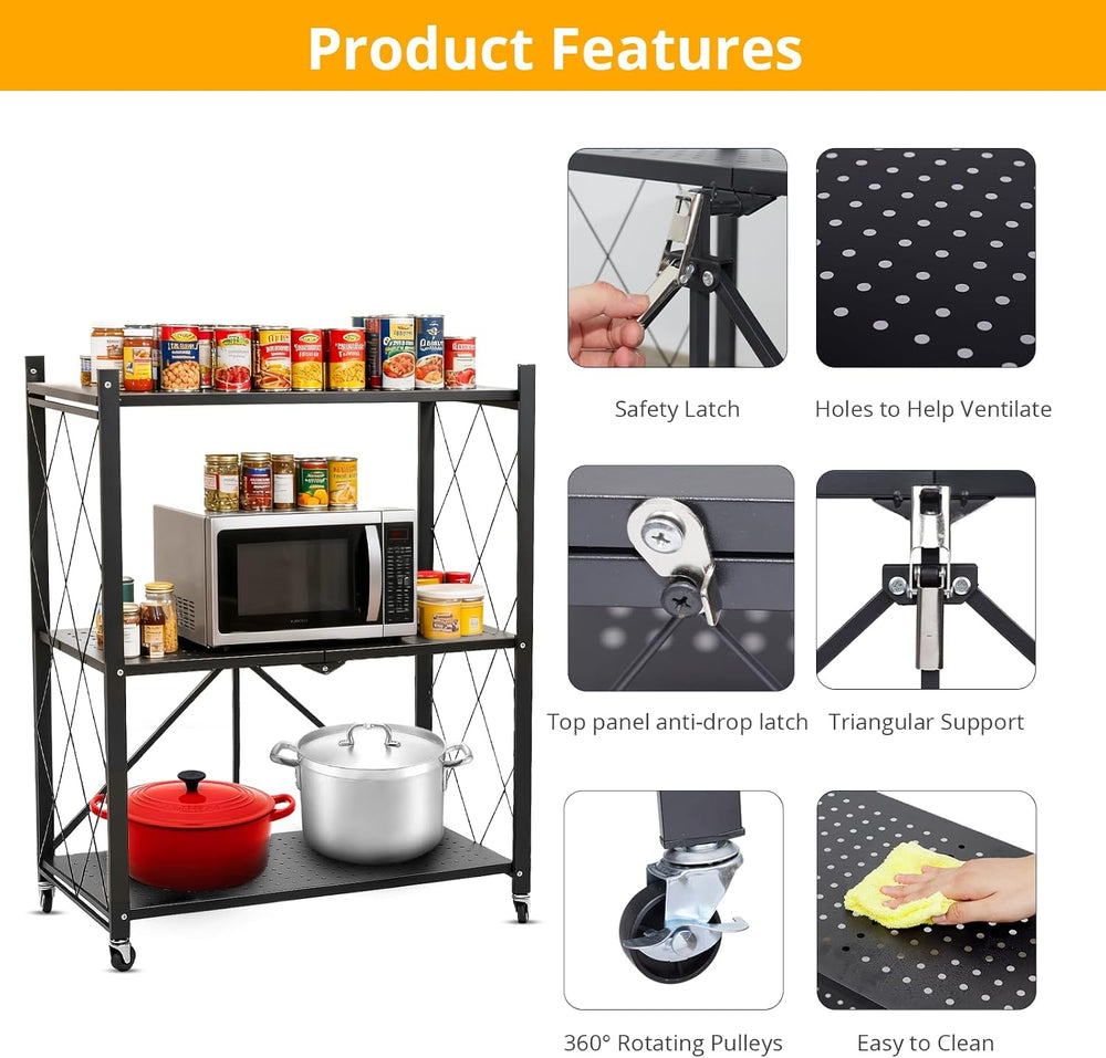 COKIHOM 3-Tier Folding Shelf, No Assembly Metal Shelving Unit with Wheels, He...