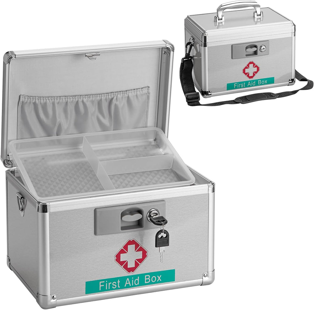 First Aid Box with Key, 11.2 x 7.6 x 7.6 Inches, Empty Lockable Medicine Stor...