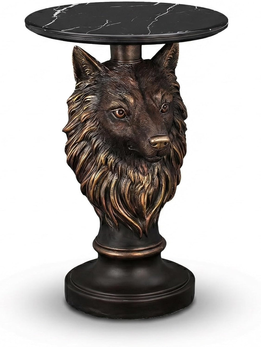 Wolf Head Side Table, Round End Table with 17.72" Black Faux Marble Top,...