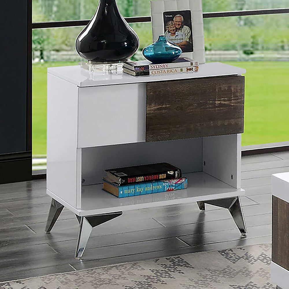 End Table White and Oak Open Shelf Drawer Steel Legs Two Tone High Gloss Wood...