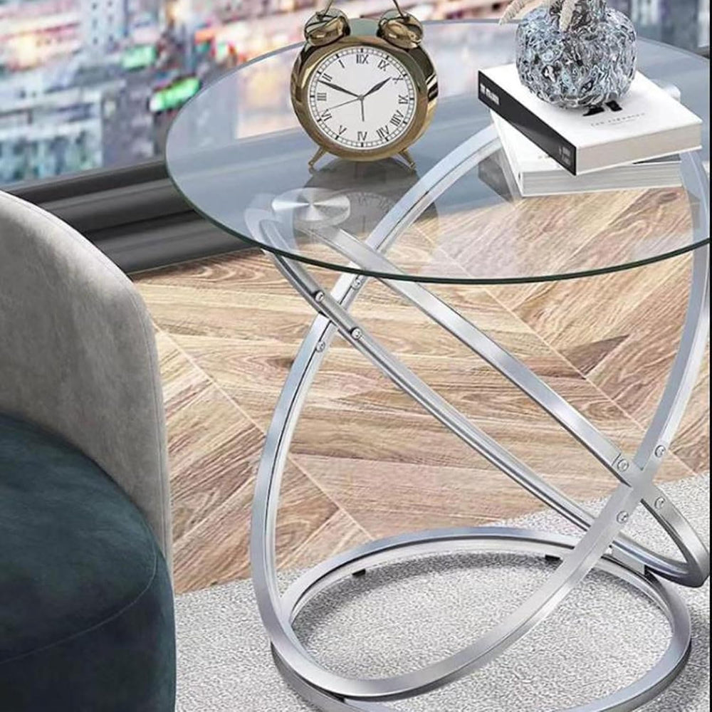 End Table Round Side Table, Glass End with Metal Frame, Small Coffee with Mod...