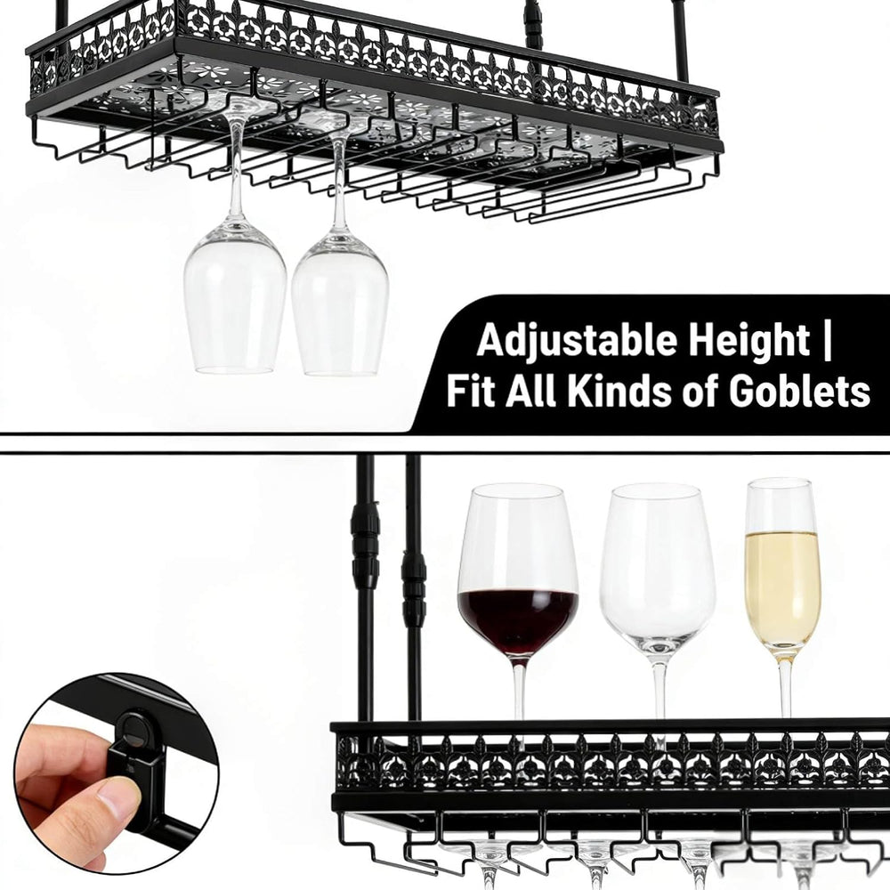 Hanging Wine Rack with Glass Holder and Shelf,Adjustable Metal Ceiling Mount ...