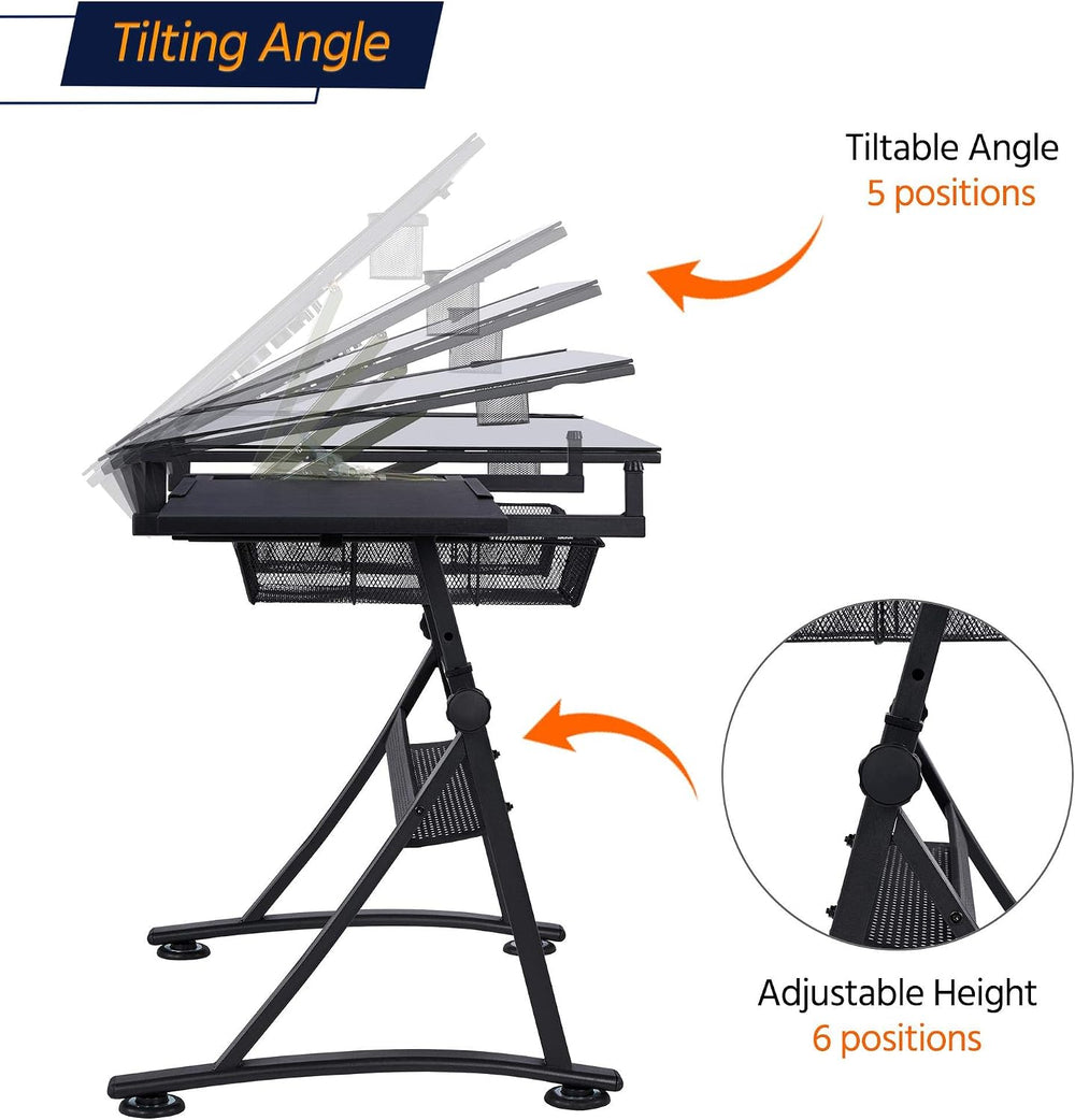 Yaheetech Adjustable Drafting Table & Stool, Tilting Glass Art Desk, Blac...