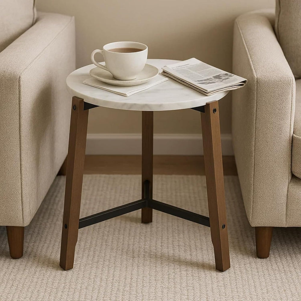 CIMOTA Round Side Table, 22.5" End Accent Table with Solid Wood Leg, Whi...