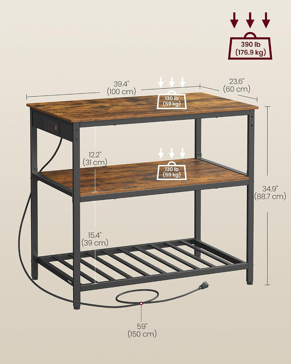 VASAGLE Kitchen Island with 3 Shelves, Storage Cabinet, Steel Structure | Kit...
