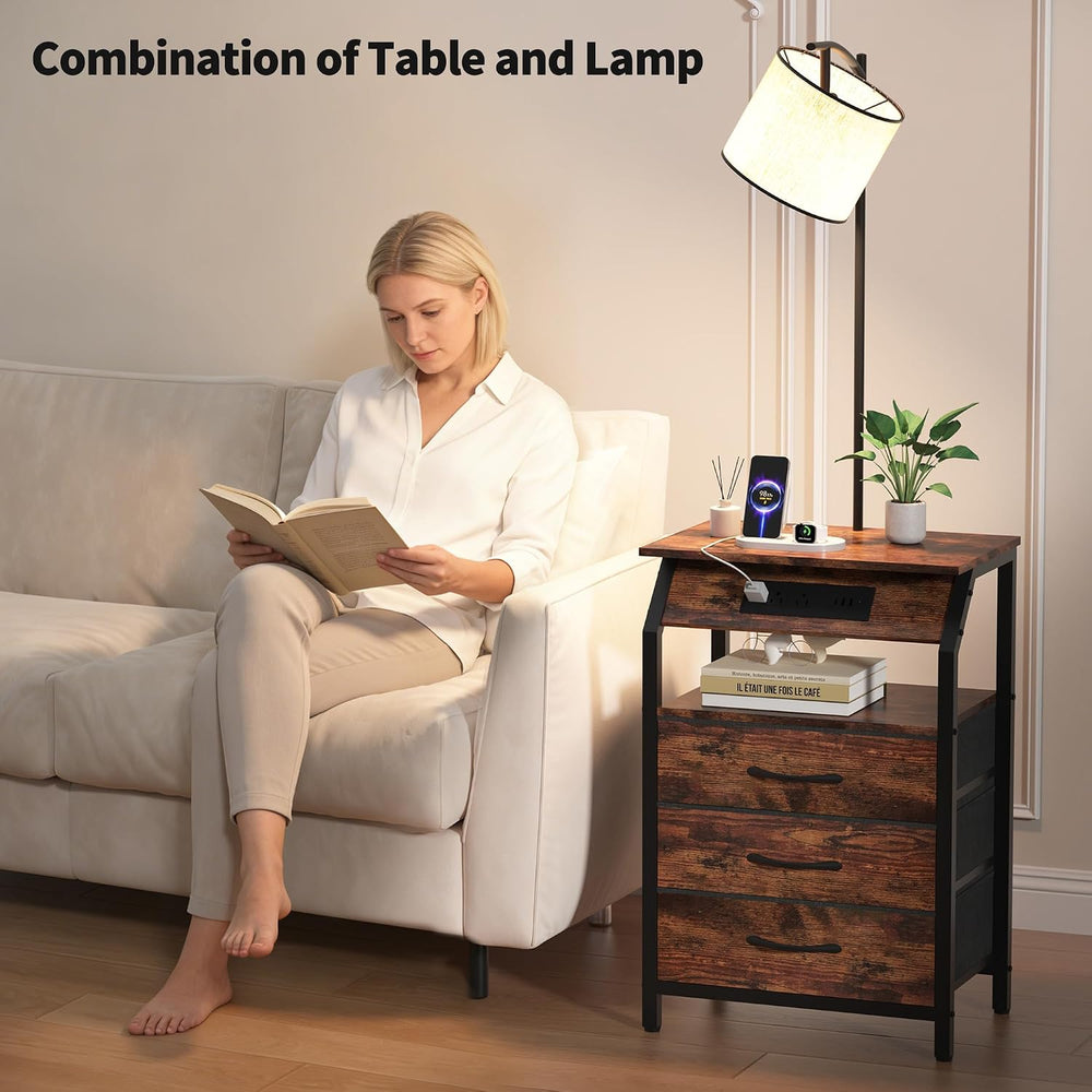 End Table with Floor Lamp Set of 2, Nightstand with Charging Station, Floor L...
