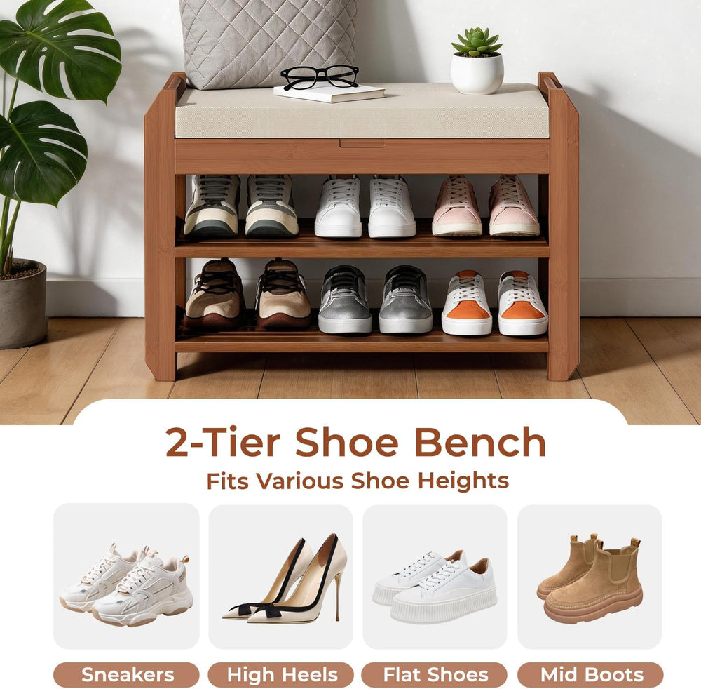 27.6" Bamboo Shoe Bench with Cushion, 5 Hooks Coat Rack, 2-Tier Storage ...