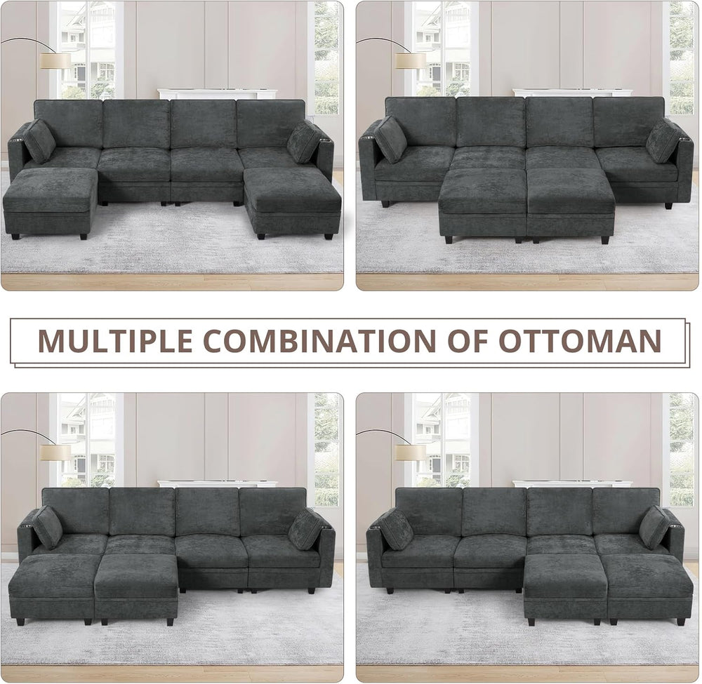 110" Chenille U-Shape Sofa w/& Adjustable Backrests, Grey | Upholste...