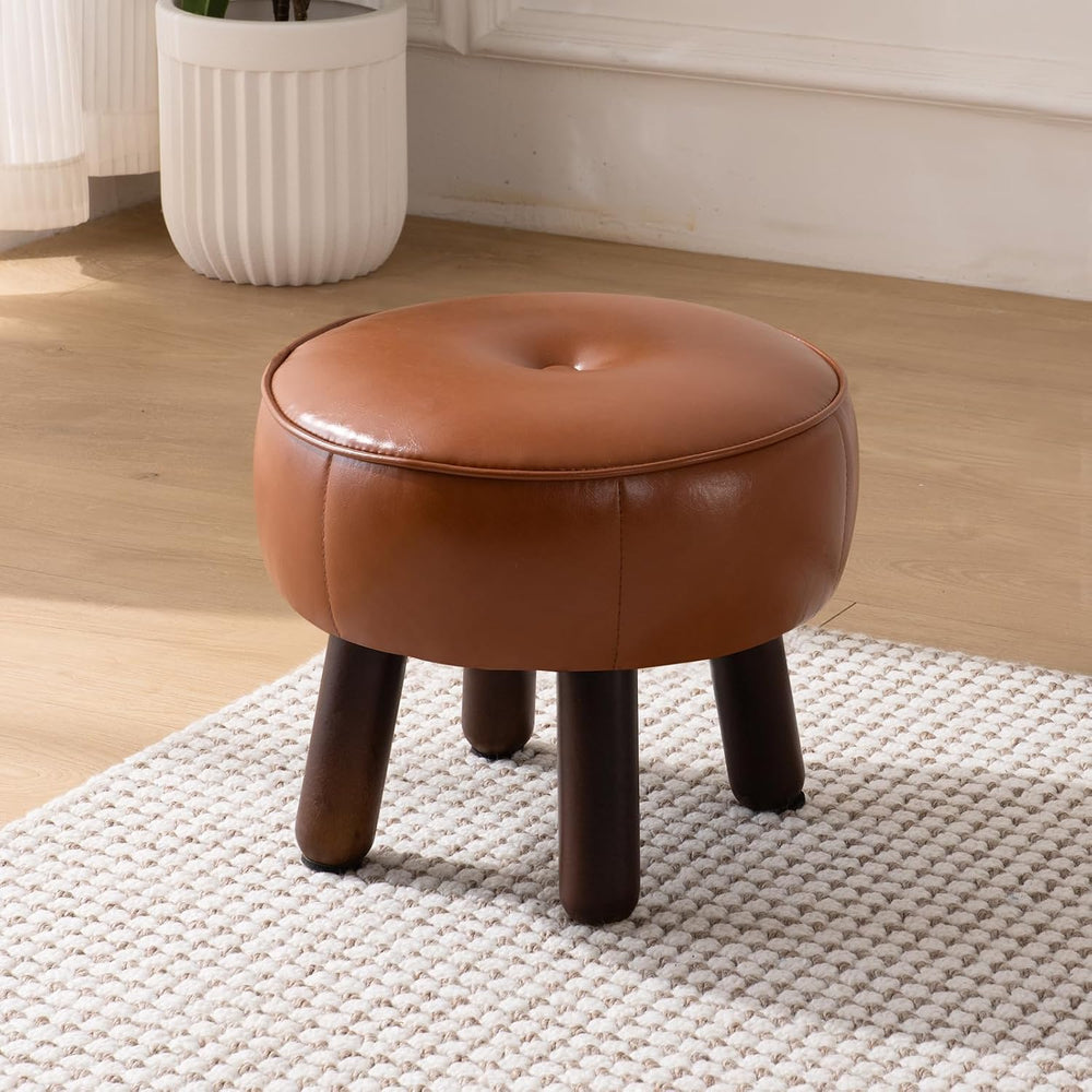 Small Foot Stool, 13in Round Faux Leather Pouf Ottoman Foot Rest