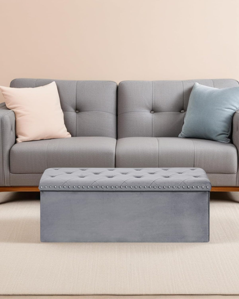 Velvet Storage Ottoman Bench, 43.3" Upholstered Tufted Ottoman with Stor...