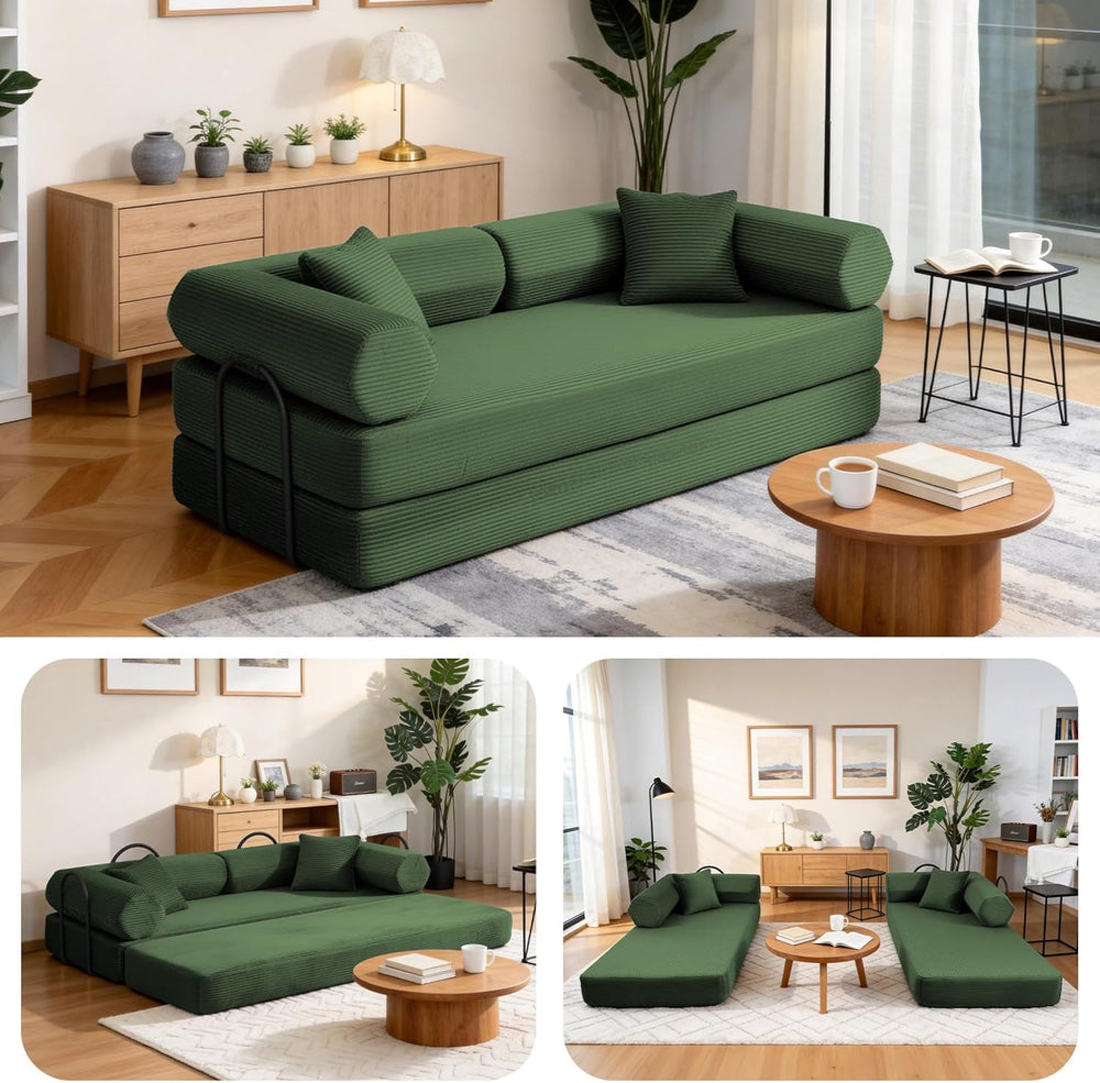 79" Corduroy Sofa Bed, Couch in a Box with 2 Pillows, High-Density Foam ...