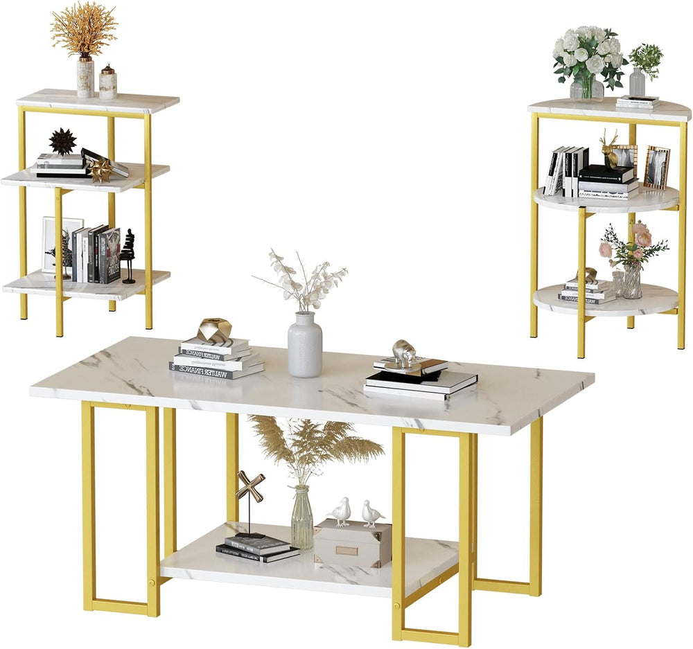 Lamerge Coffee Table Set of 3,Rectangle Coffee Table&2 Accent Table,Faux ...