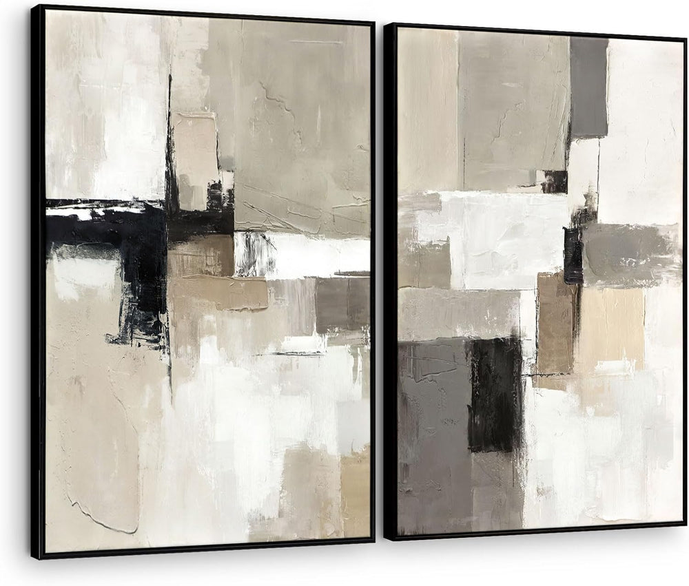 SAFERRYHOME Neutral Abstract Beige,Gray and Black Wall Art Set of 2,24"x...