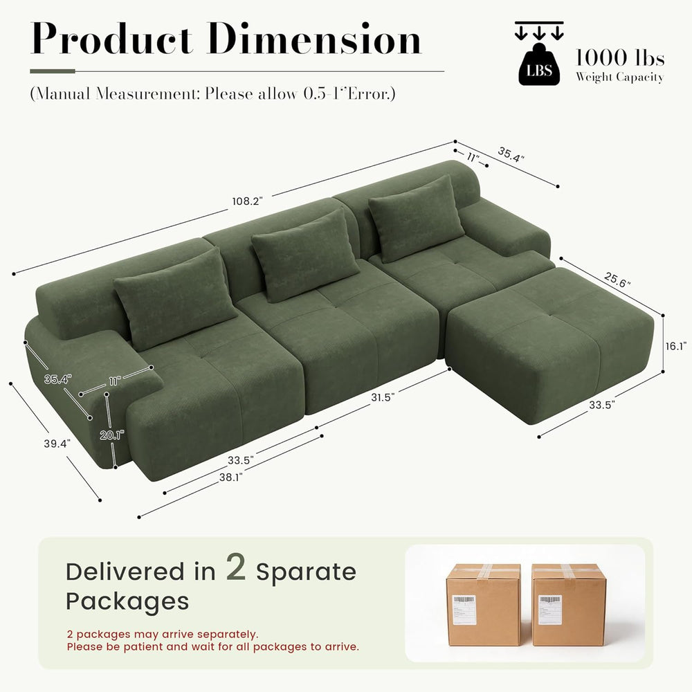 GRUSIGN 108'' Modular Sofa,Sectional Couch for Living Room | Tufted O...