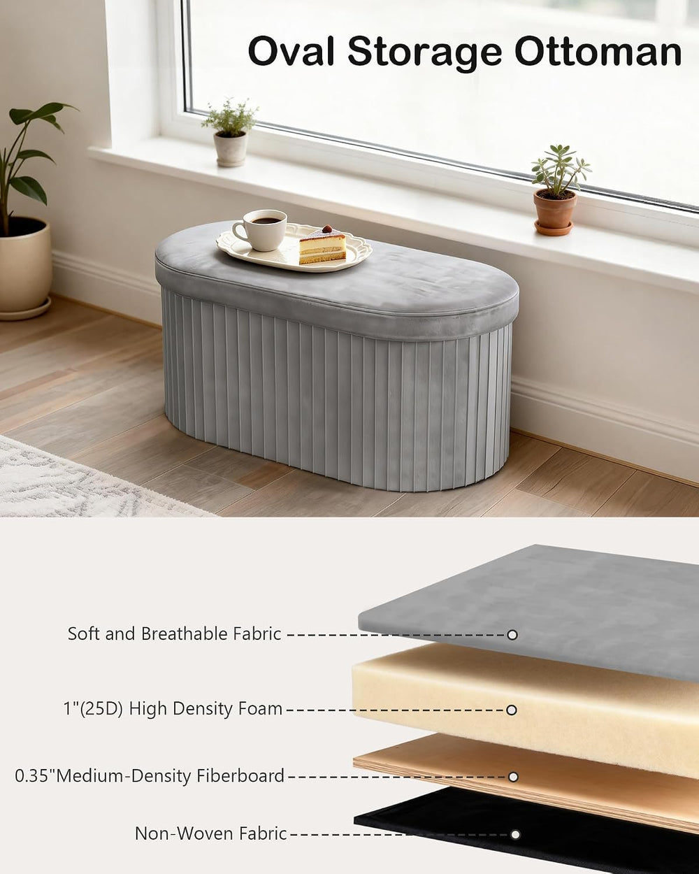 GLAXYFUR Folding Storage Ottoman, Velvet Upholstered Foot Rest, 30 Inches Ova...