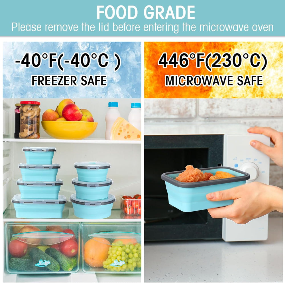 Yaomiao 16 Pack Collapsible Food Storage Container with Lid, Gray, Blue
