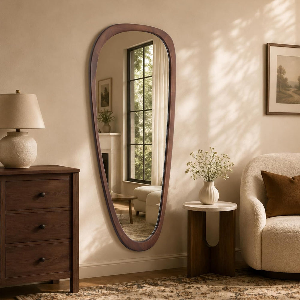 HOMECOOKIN 48 x 22 Asymmetrical Mirror, Irregular Wooden Wall Mirror for Bedr...