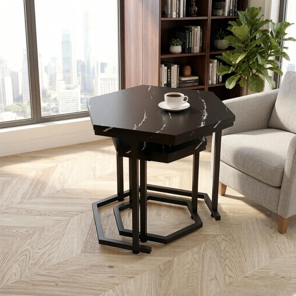 Hexagon Nesting Side Tables Set of 2, Black Marble | Space-saving hexagon nes...