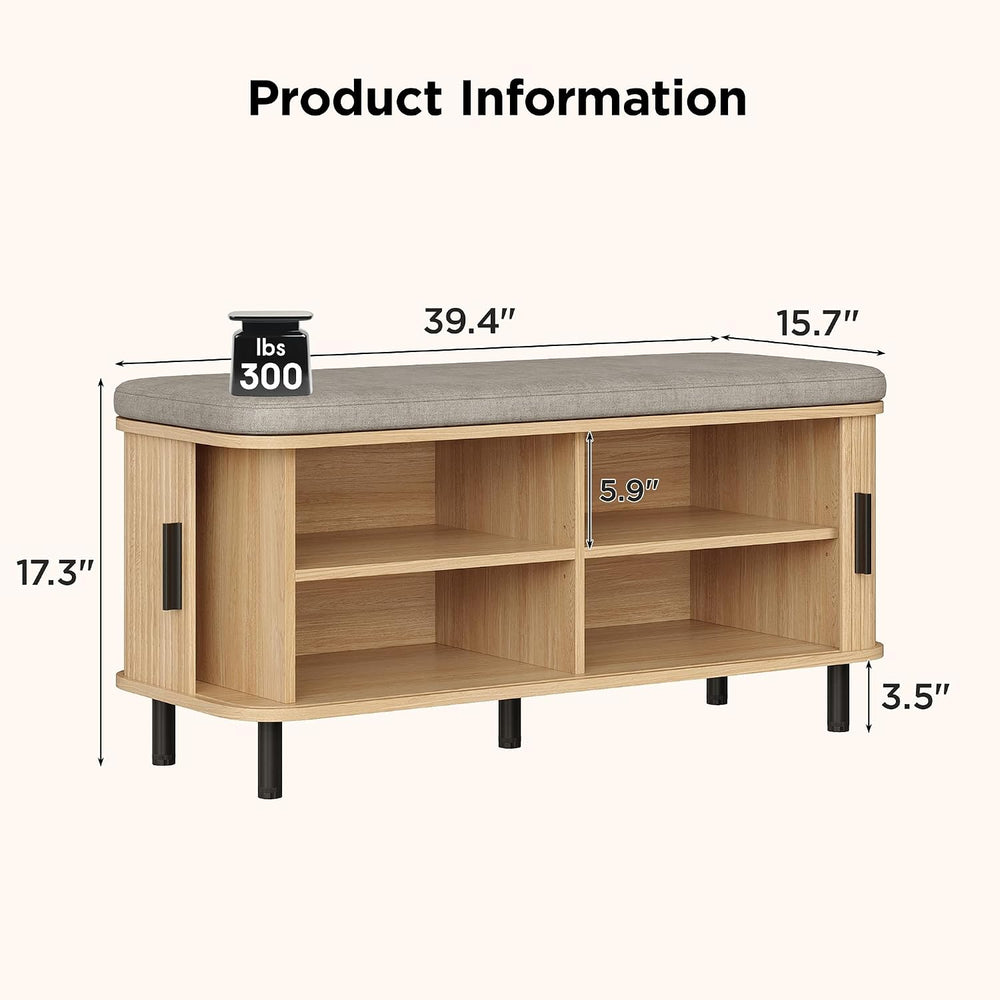 Maupvit Shoe Storage Bench with Smooth Fluted Sliding Doors, 2 Tier Hidden Sh...