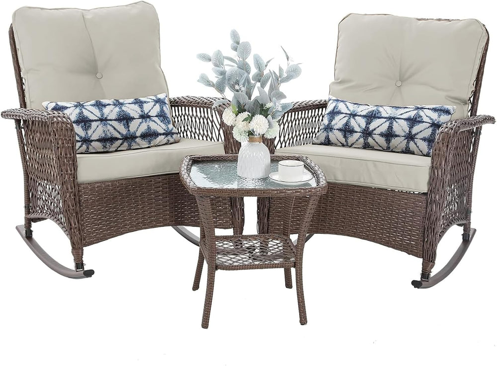 Patio Furniture Set 3 Pieces, Wicker Outdoor Rocking Bistro Set, Pale White