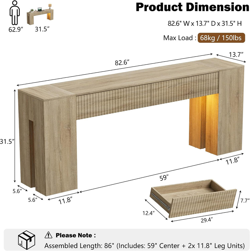 PAKASEPT 82.6 Inch Console Table with RGB LED Lights, Fluted Wood Entryway Ta...