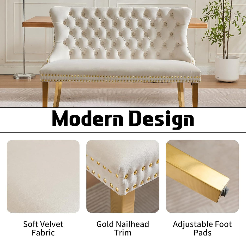 Beige Velvet Dining Bench with Back, Tufted Banquette Seating, Gold Legs | Up...