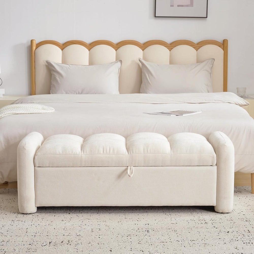 Oversized Ottoman Bench with Storage, Chenille Beige | Oversized Storage Benc...