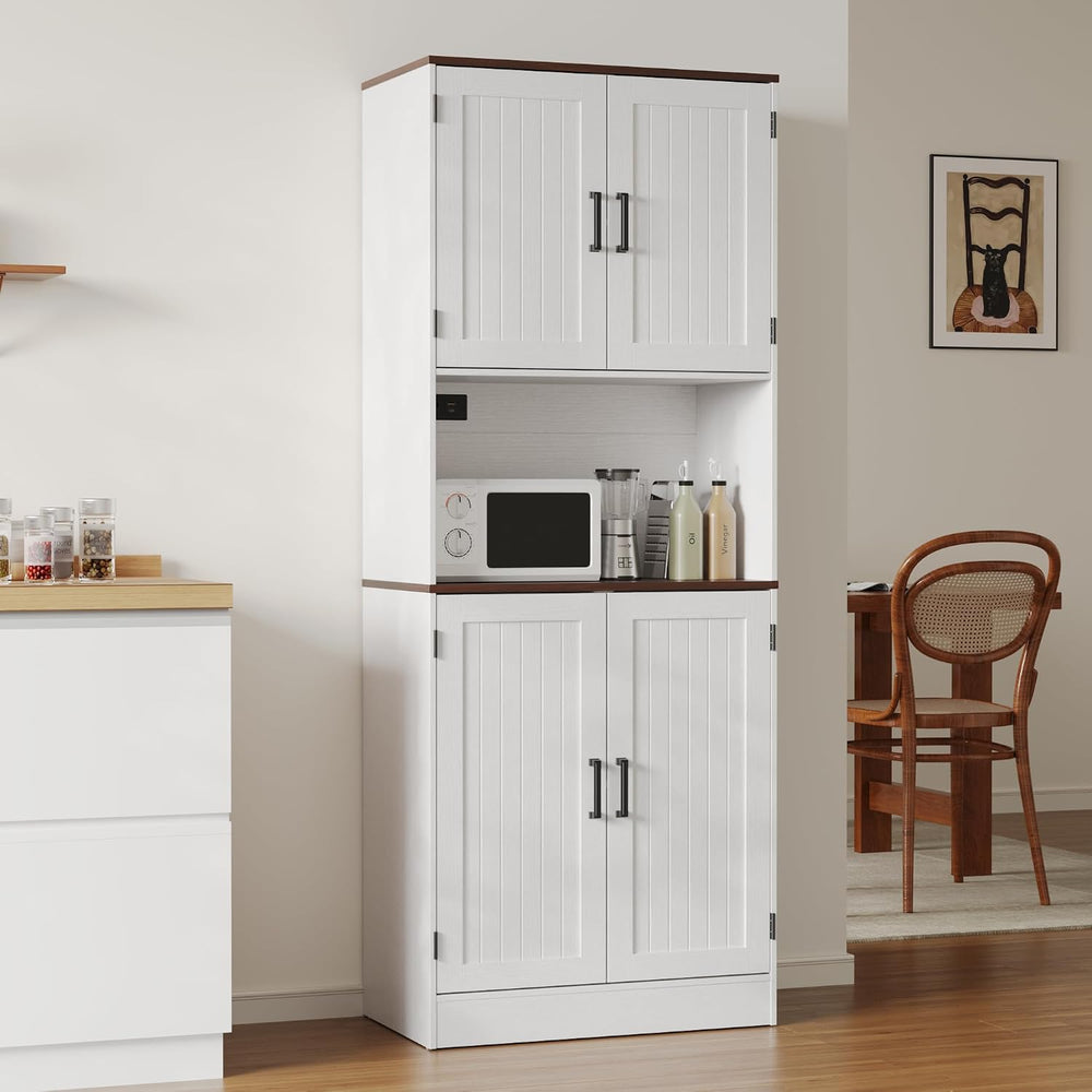 MHOM 71" Tall Pantry Cabinet with Charging Station, Farmhouse Kitchen Hu...