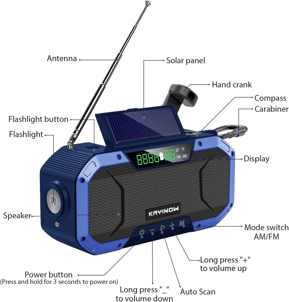 KAYINOW Emergency NOAA Weather Radio, Solar Hand Crank FM AM Radio with Bluet...