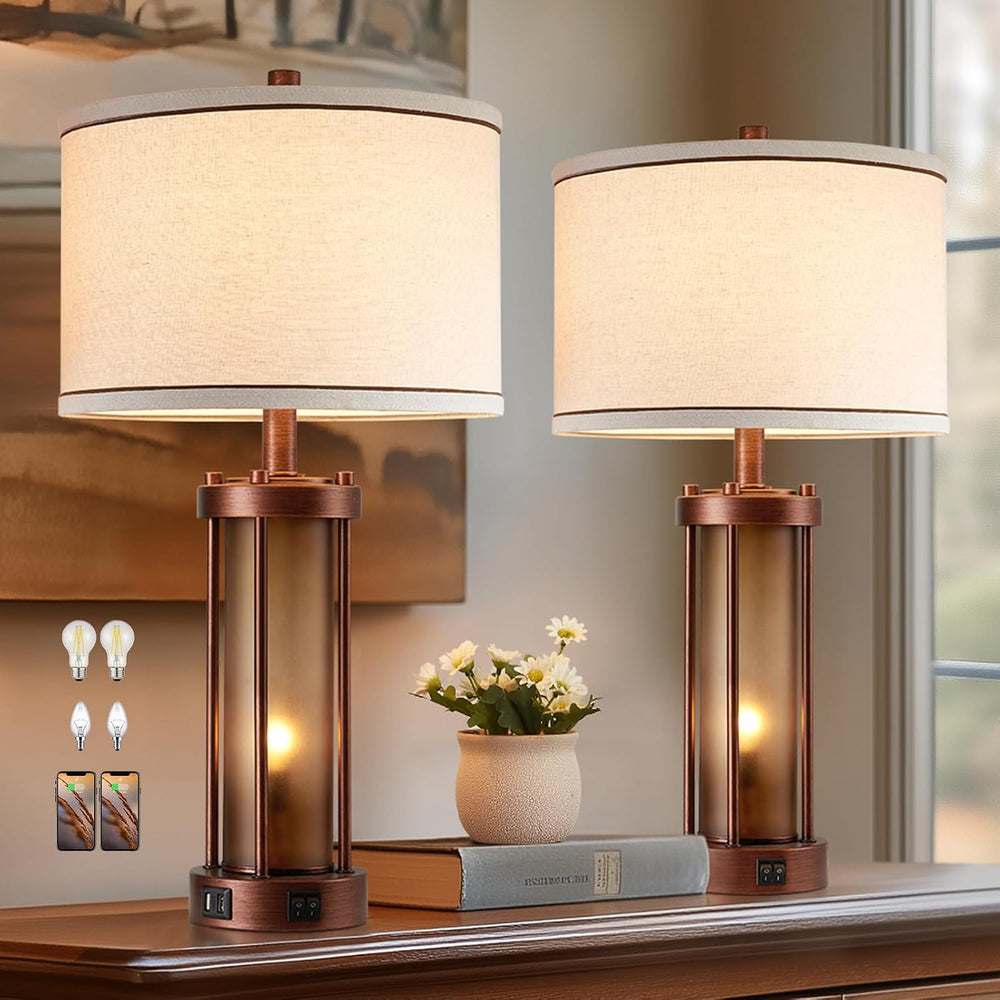 RORIA Set of 2 Farmhouse Table Lamps for Living Room with 2 USB Ports