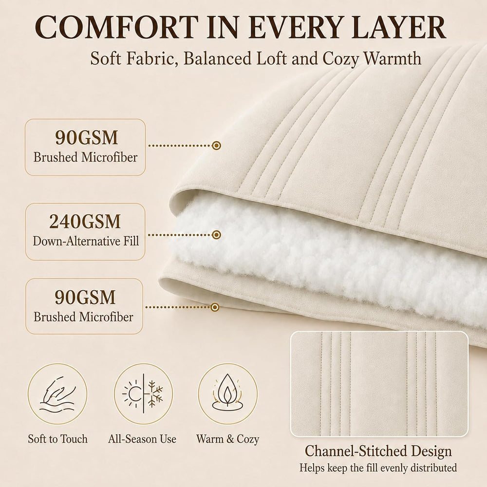 Queen Comforter Set Beige - 7 Pieces Vertical Quilted Bed in a Bag