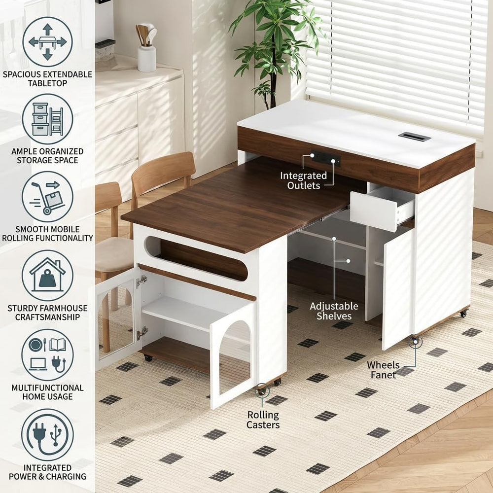 Kitchen Island with Extendable Dining Table, Rolling Storage Cabinet with She...