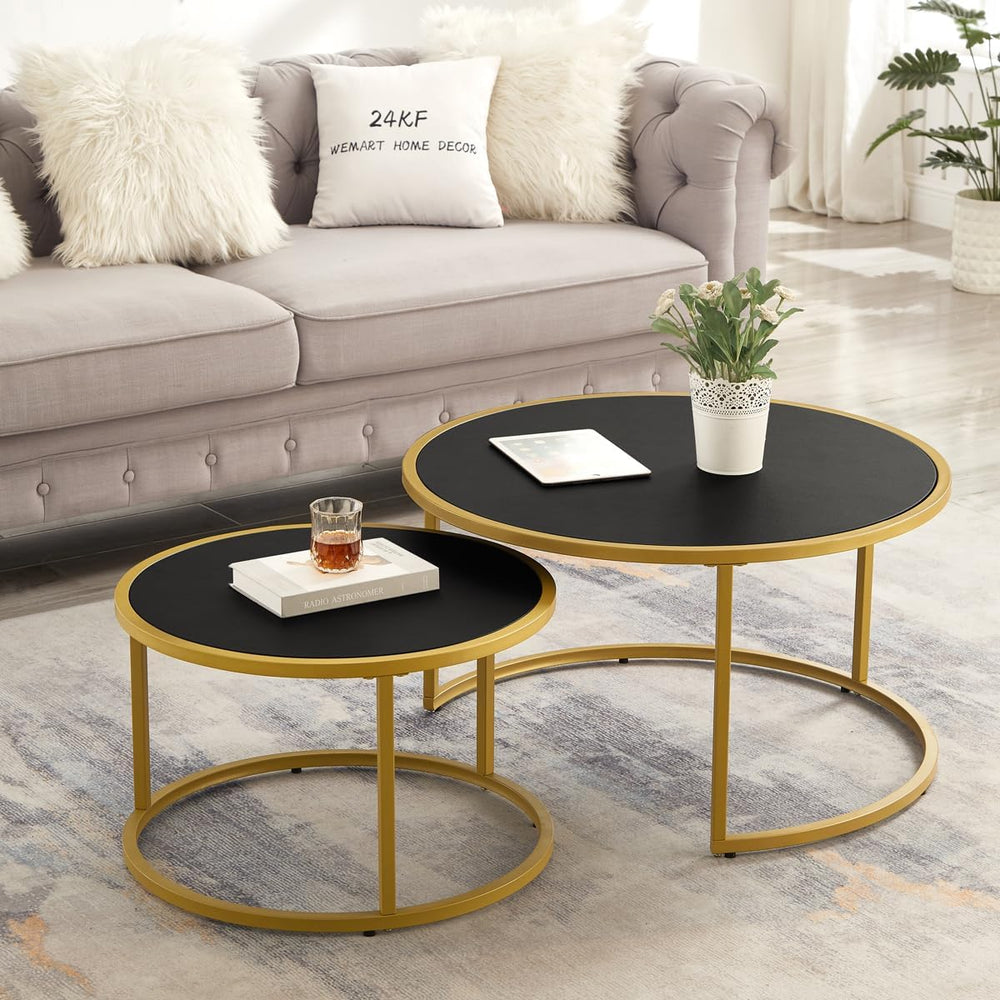 24KF Modern Faux Leather Nesting Round Coffee Table with Golden Metal Base,Ac...