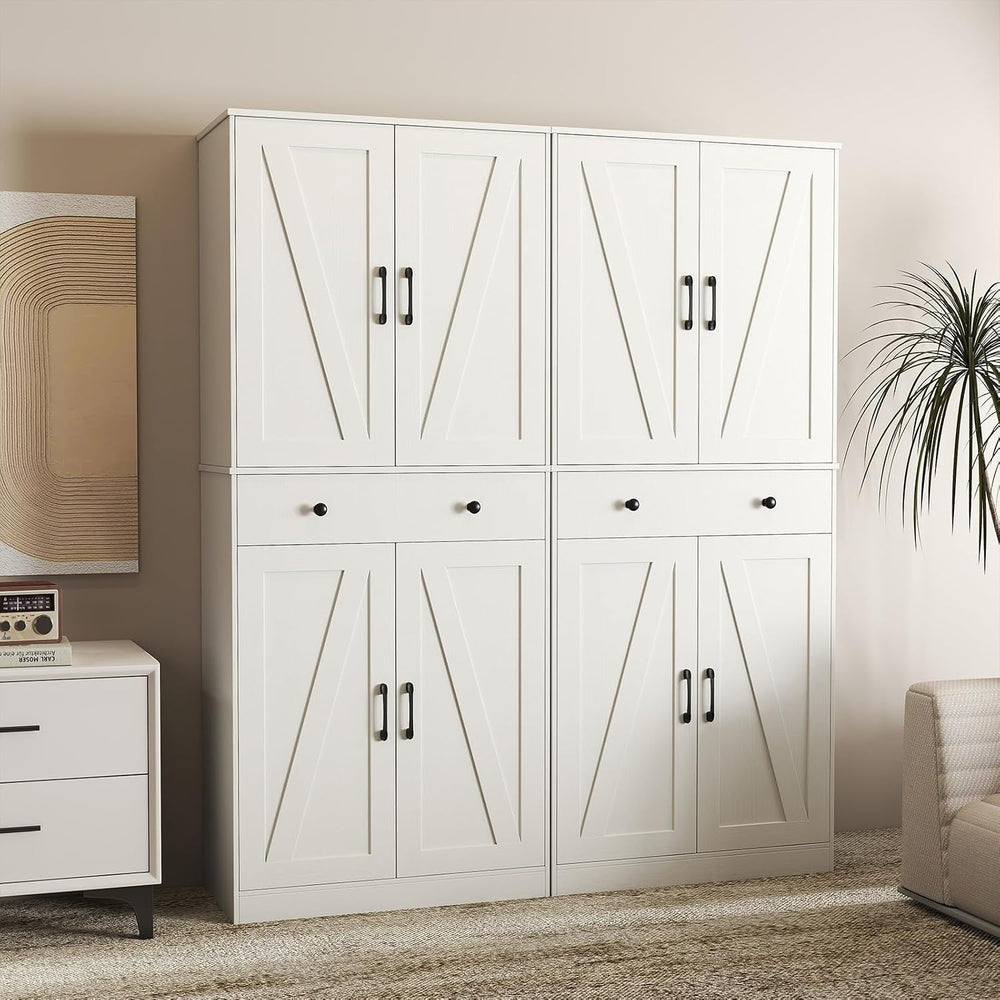 GOFLAME 72” Tall Pantry, Modern Farmhouse Cupboard Cabinet with 4 Barn Doors,...