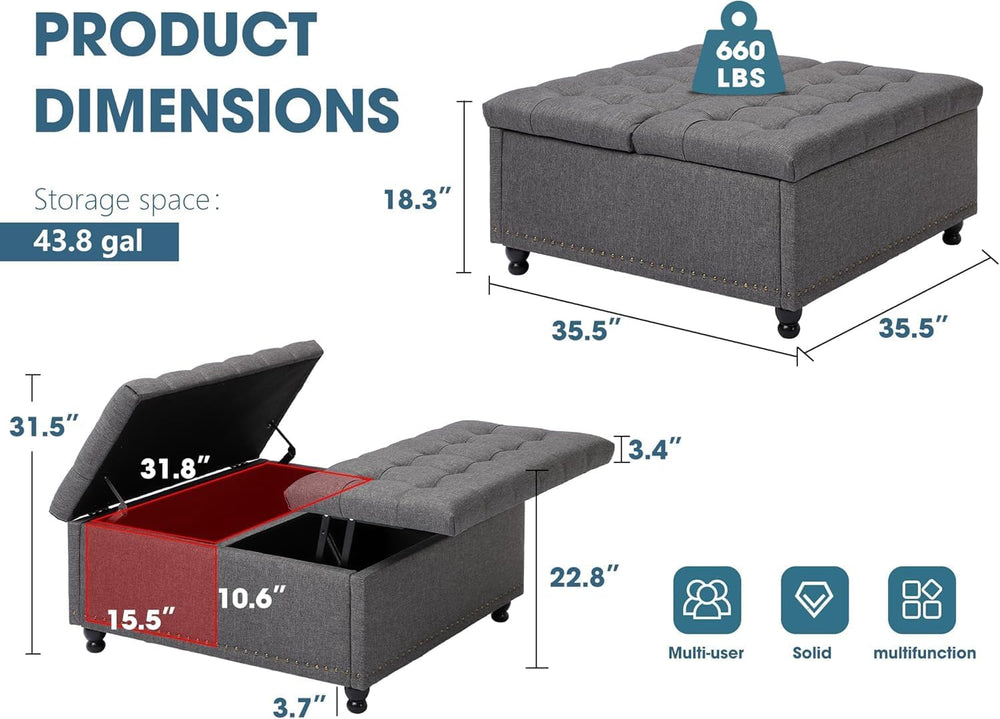 36" Large Square Ottoman with Storage, Tufted Upholstered Storage Ottoma...