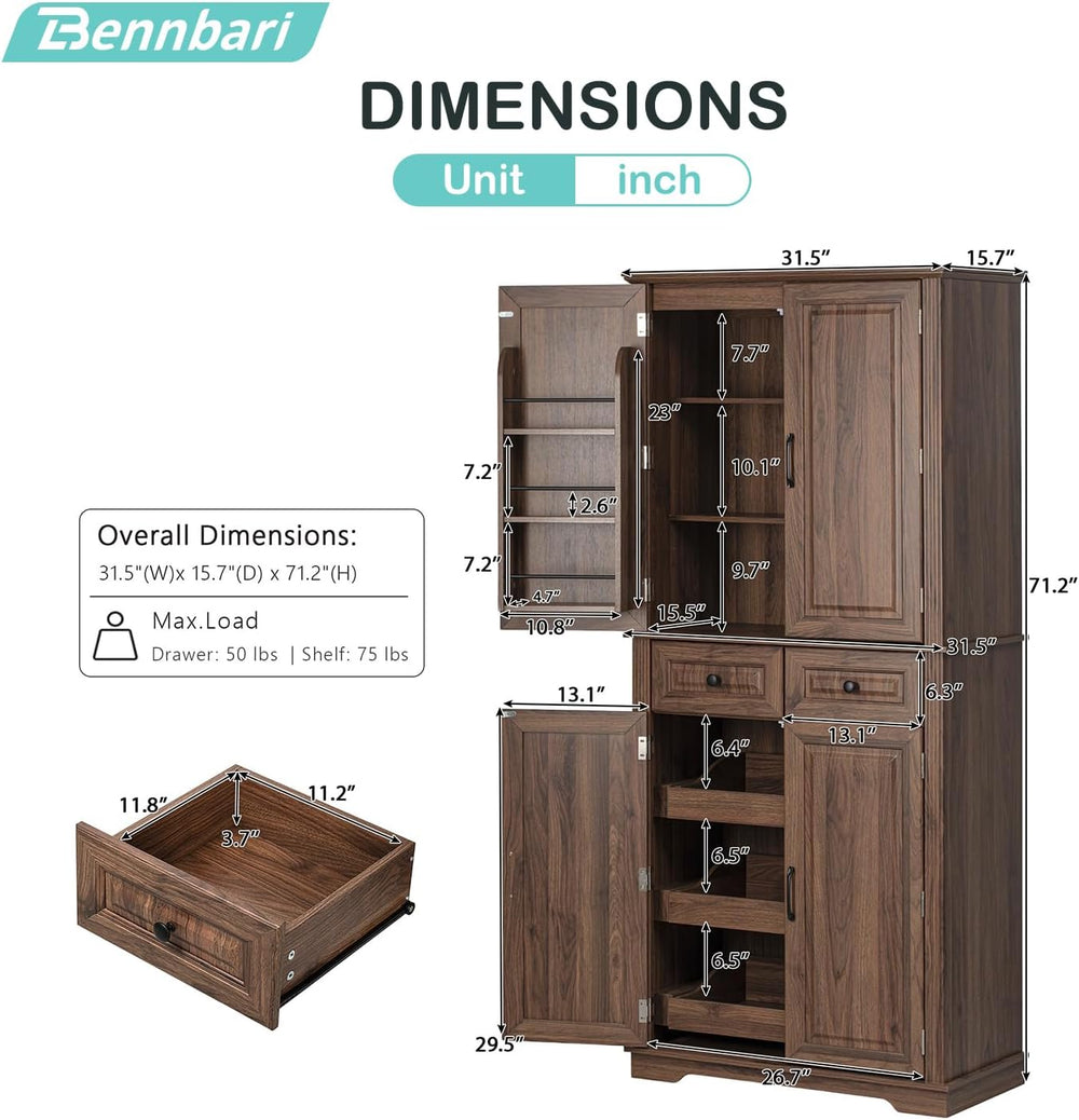 71" Tall Kitchen Pantry Cabinet, Freestanding Cupboard with 3 Pull Out C...
