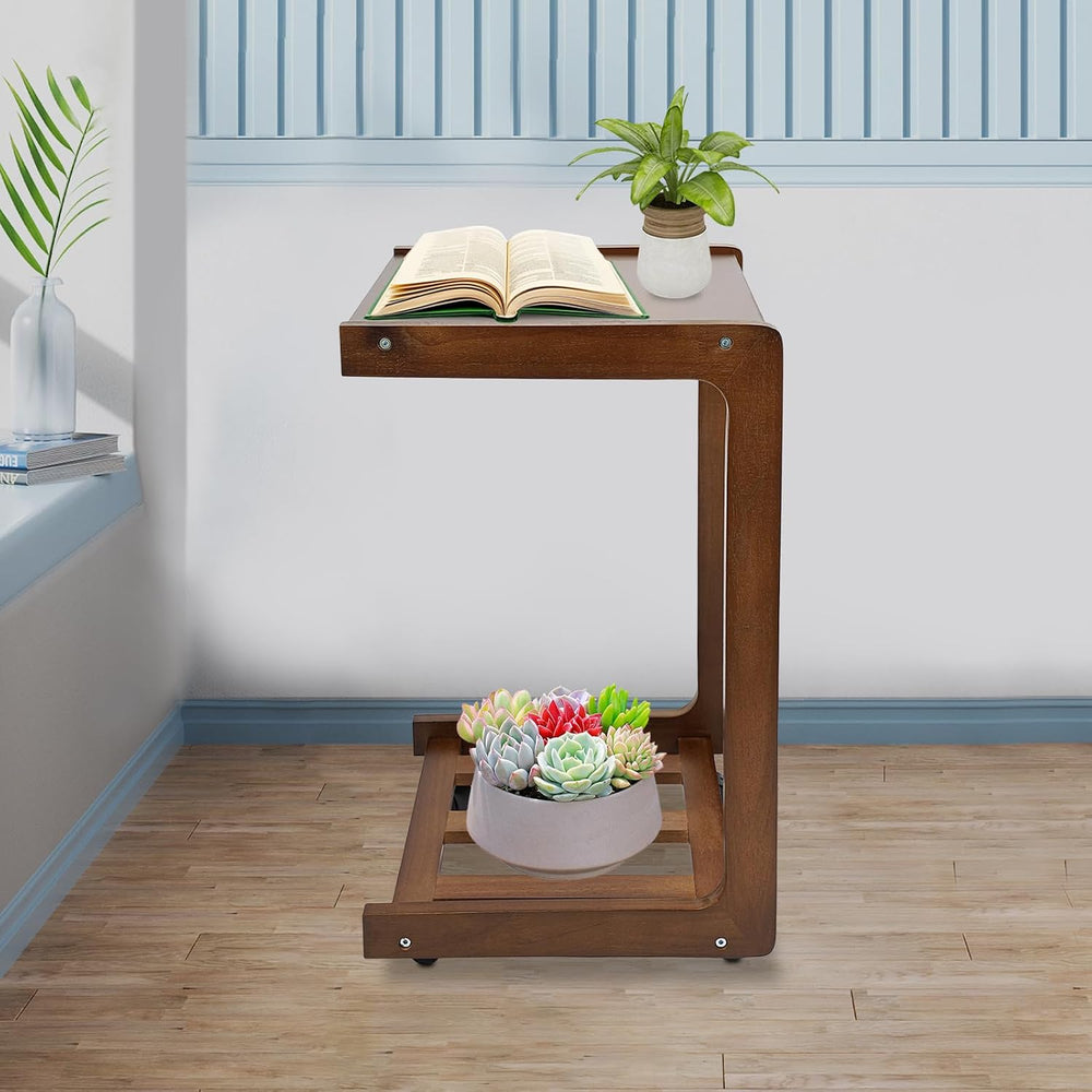 Bacocoo 40cm C Shaped End Table,Natural Wood Color Rubber Wood Small Side Tab...