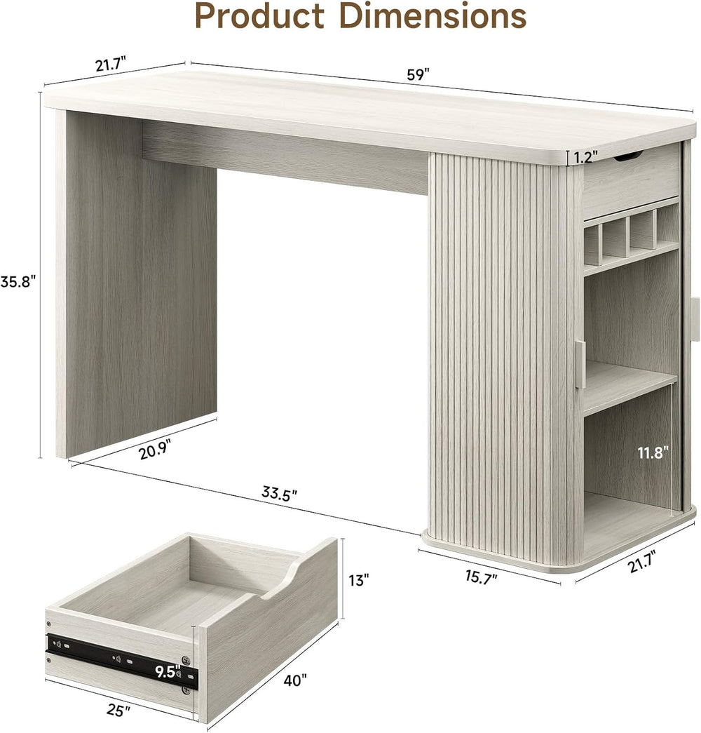 59 Inch Fluted Kitchen Island with Storage White