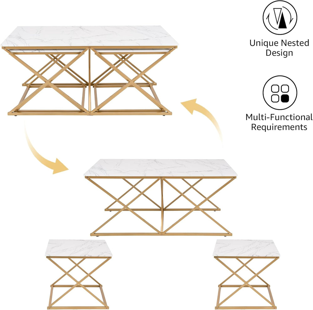 Modern Nesting Coffee Table Set of 3, Faux Marble Top with Golden Frame | Cof...