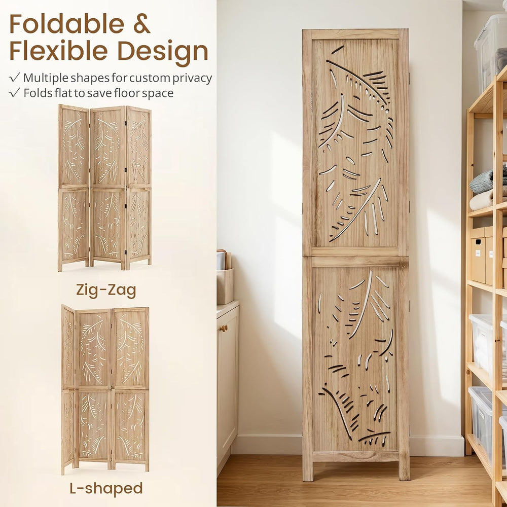 GIANTEX 3 Panel Boho Room Divider with Carved Palm Leaf Pattern, Natural