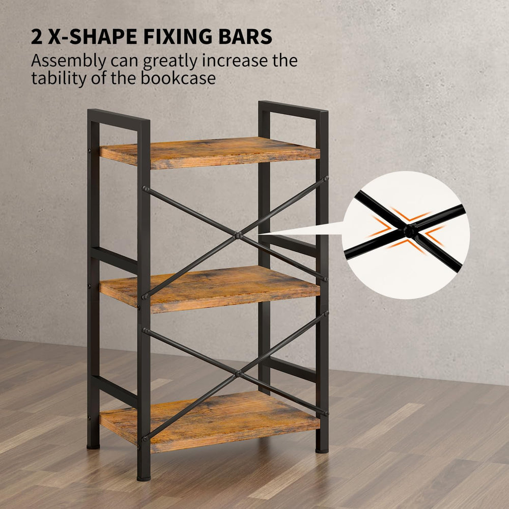 Homeiju Bookshelf, 3 Tier Industrial Bookcase, Metal Small Bookcase, Rustic E...