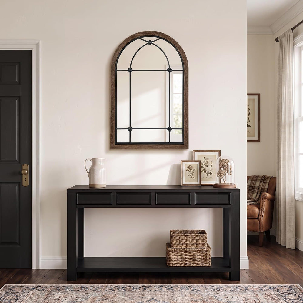 36x24 Inch Arched Window Pane Mirror , Wood Frame Farmhouse Mirror
