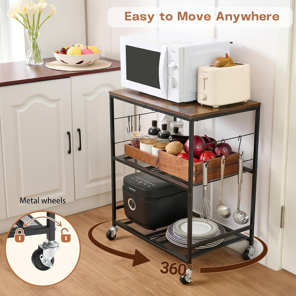 3 Tier Rolling Microwave Cart with Storage, Kitchen Organizer on Wheels | Woo...