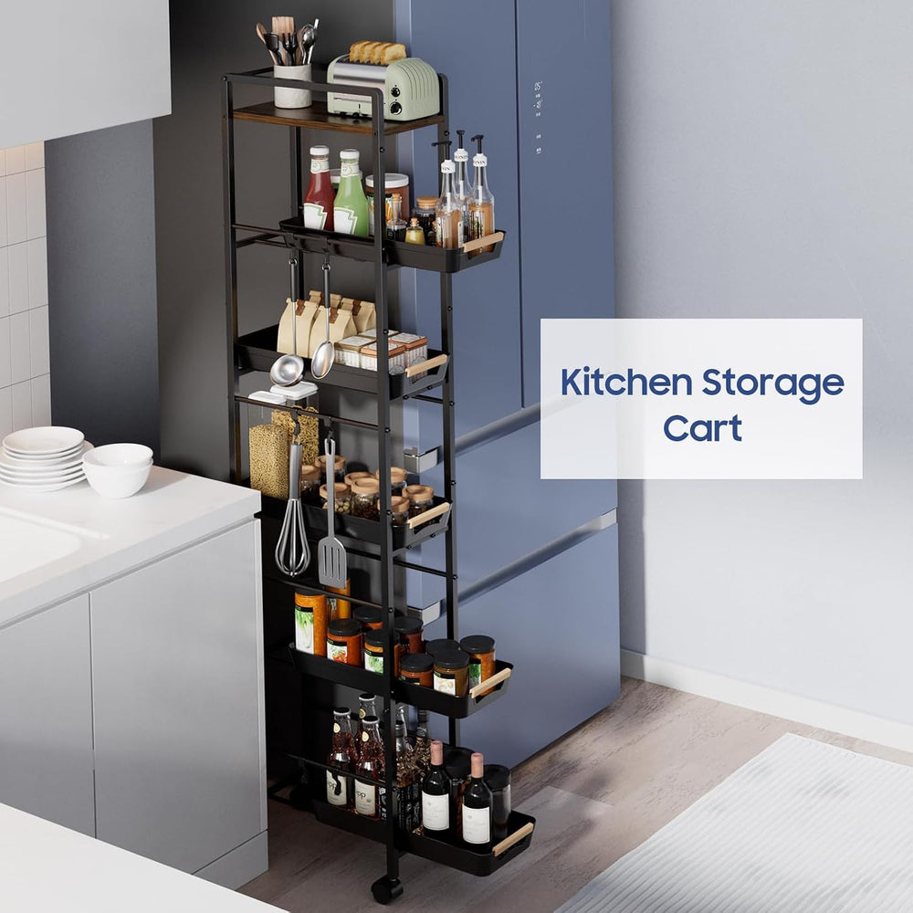 6 Tier Slim Storage Cart with Pull-Out Baskets Rolling Cart with Wheels Wood ...