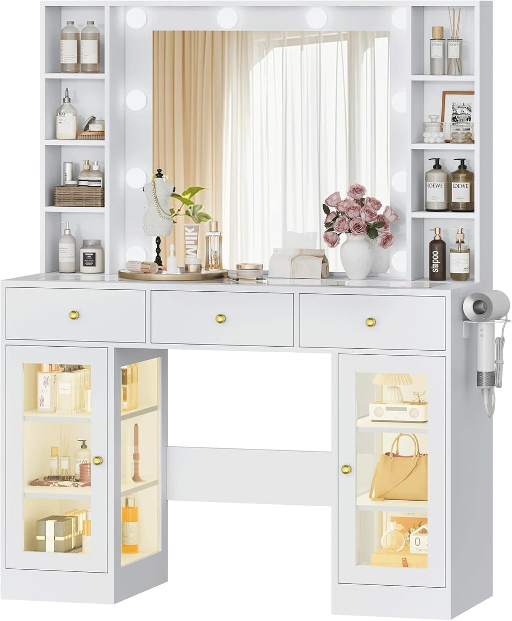 Wodeer Makeup Vanity Desk with Mirror and Lights, White Vanity with Glass Top...