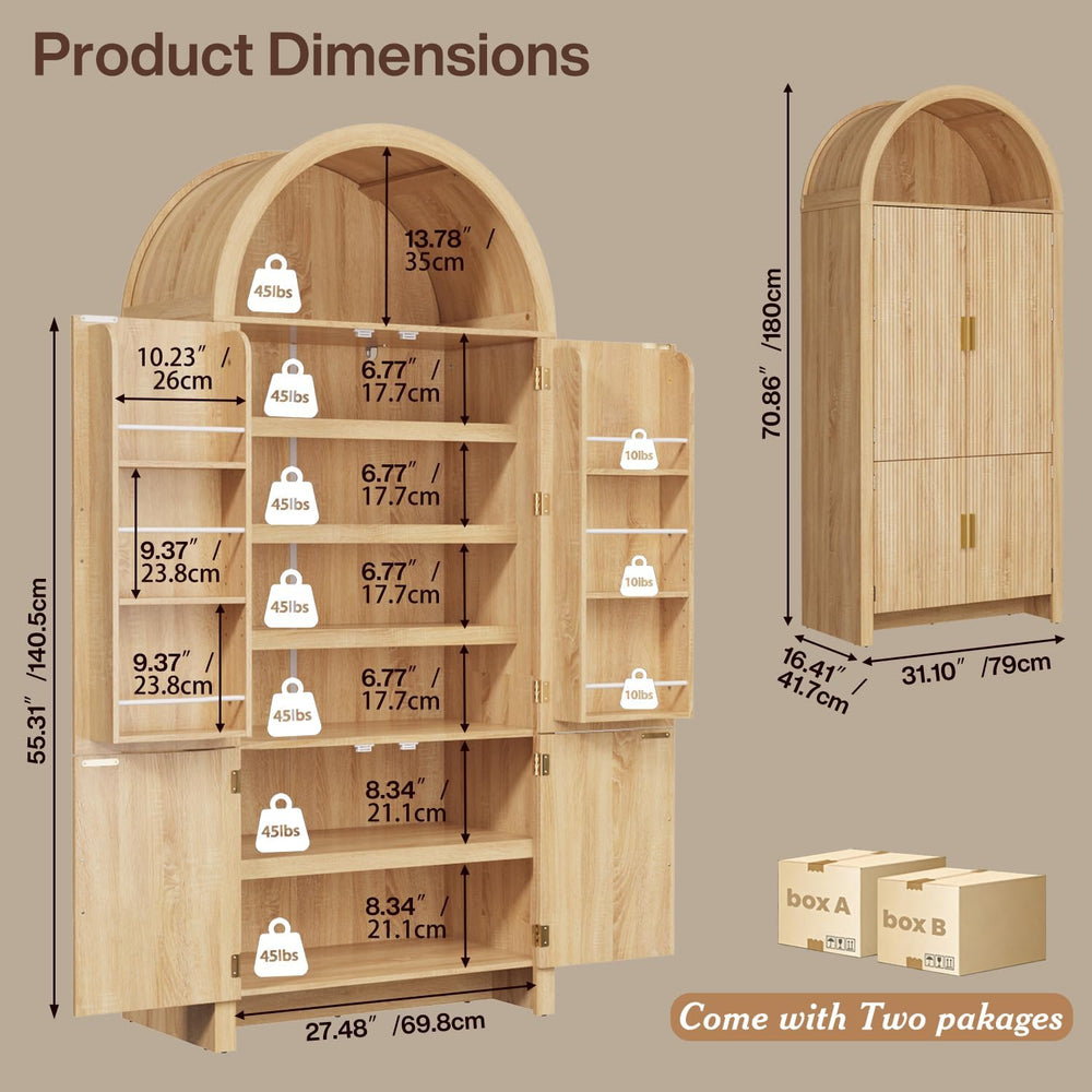 OFIKA 71" Arched Kitchen Pantry Cabinet, Fluted Wood Storage with 3 Shel...