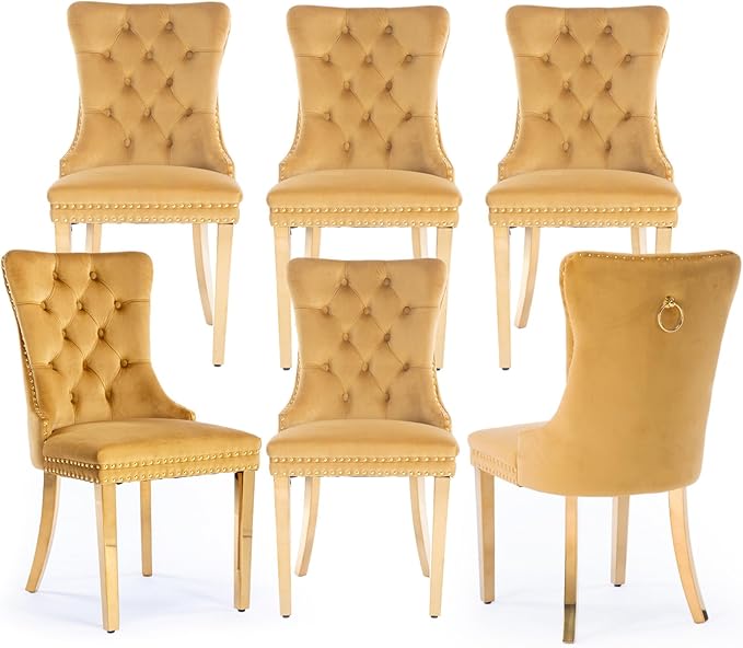 Velvet Upholstered Dining Chairs Set of 6, Modern Style Kitchen Side Chairs w...